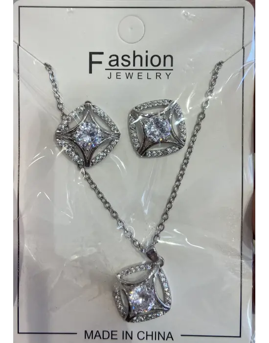 Tektaş Pırlanta Motifli Kare Model Gümüş Renk Kolye Küpe Takı Seti