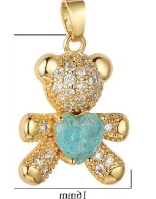 Elinde Mavi Kalp Tutan Ayı & Ayıcık Altın Kaplama Çelik Kolye