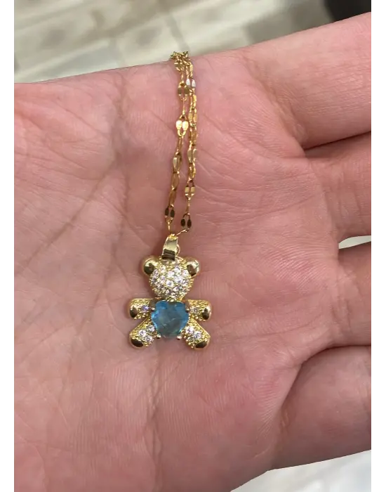 Elinde Mavi Kalp Tutan Ayı & Ayıcık Altın Kaplama Çelik Kolye