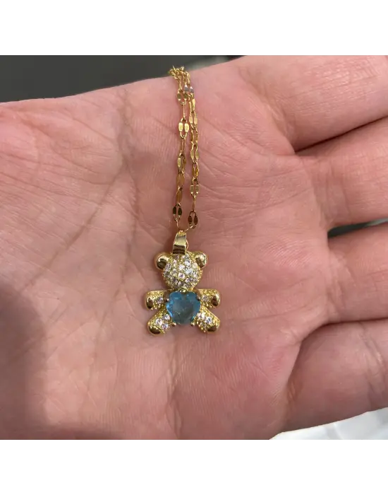 Elinde Mavi Kalp Tutan Ayı & Ayıcık Altın Kaplama Çelik Kolye