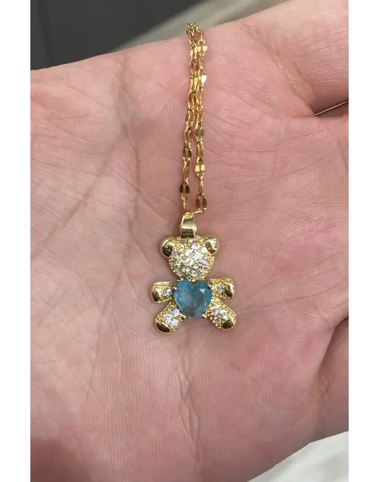 Elinde Mavi Kalp Tutan Ayı & Ayıcık Altın Kaplama Çelik Kolye