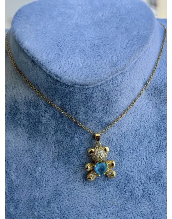 Elinde Mavi Kalp Tutan Ayı & Ayıcık Altın Kaplama Çelik Kolye