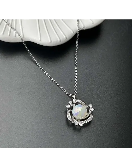 Büyük Tek İncili Girdap Model Taşlı Gümüş Kaplama Kolye