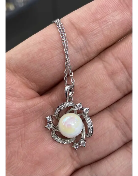 Büyük Tek İncili Girdap Model Taşlı Gümüş Kaplama Kolye