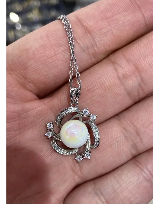 Büyük Tek İncili Girdap Model Taşlı Gümüş Kaplama Kolye