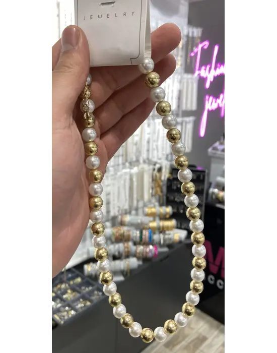 Sıralı Beyaz İnci – Altın Topçuk İncili Çelik Kolye