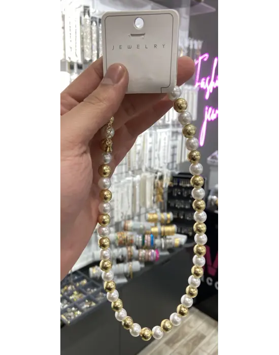 Sıralı Beyaz İnci – Altın Topçuk İncili Çelik Kolye