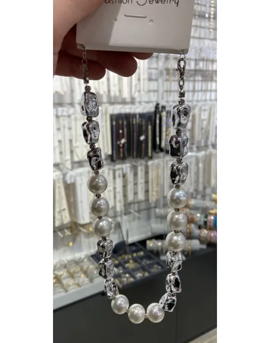 İncili Gümüş Renk Büyük Boy Zara - Mango Model Kolye