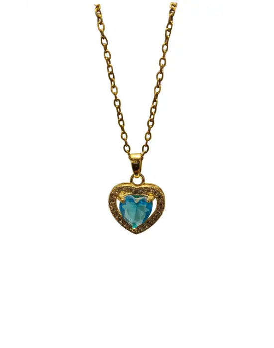 Mavi Turkuaz Taşlı Kalpli Altın Kaplama Kolye
