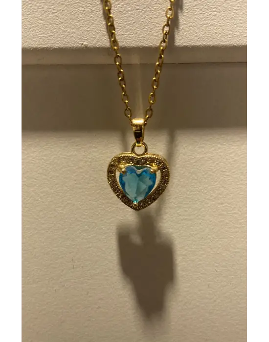 Mavi Turkuaz Taşlı Kalpli Altın Kaplama Kolye