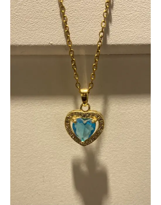 Mavi Turkuaz Taşlı Kalpli Altın Kaplama Kolye