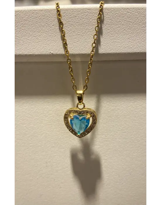 Mavi Turkuaz Taşlı Kalpli Altın Kaplama Kolye