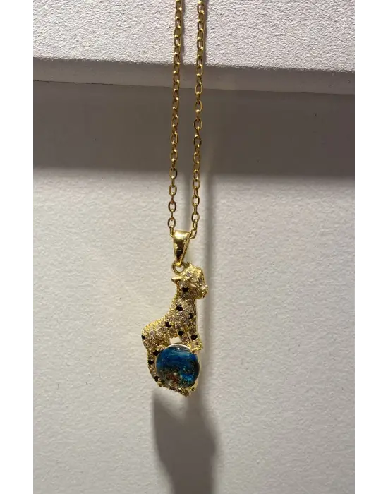 Taşlı Leopar Figürlü Mavi Taş Detaylı Altın Kaplama Kolye