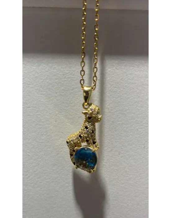 Taşlı Leopar Figürlü Mavi Taş Detaylı Altın Kaplama Kolye