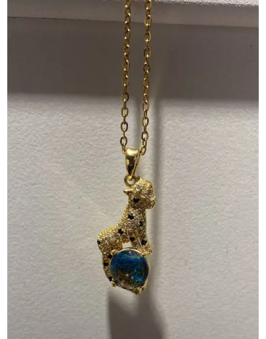 Taşlı Leopar Figürlü Mavi Taş Detaylı Altın Kaplama Kolye