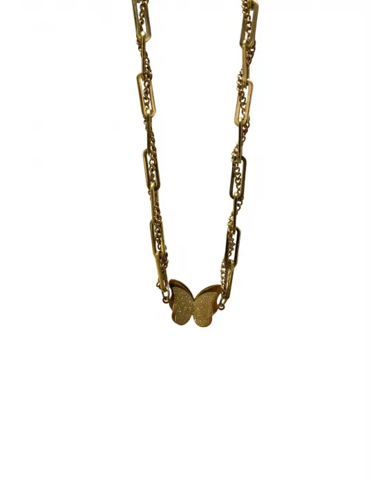 Çift 2 Zincirli Gold Renk Taşsız Kelebek Motifli Sarkıtmalı Uzun Kolye