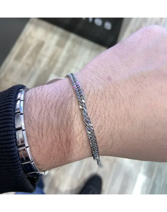 Orta Kalınlıkta Gümüş Renk Klasik Sık Zincir Çelik Erkek Bileklik