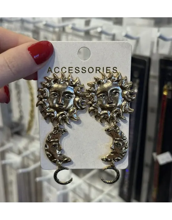 Güneş ve Ay Figürlü Gold Büyük Sallantılı Çelik Küpe