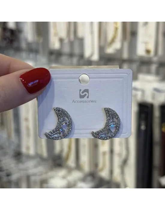 Baget Taşlı Ay Form Silver Parlak Kararmaz Küpe