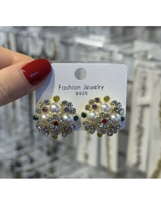 İnci ve Renkli Taşlı Çiçek Form Gold Kararmaz Küpe