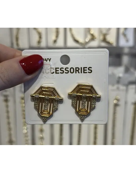 Serenay Model Geometrik Taşlı Gold Kararmaz Küpe