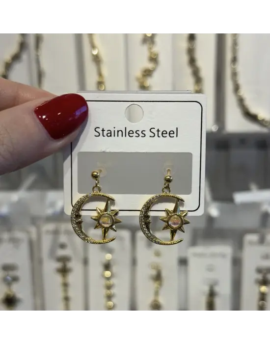 Kutup Yıldızı Ay ve Güneş Motifli Altın Çelik Küpe