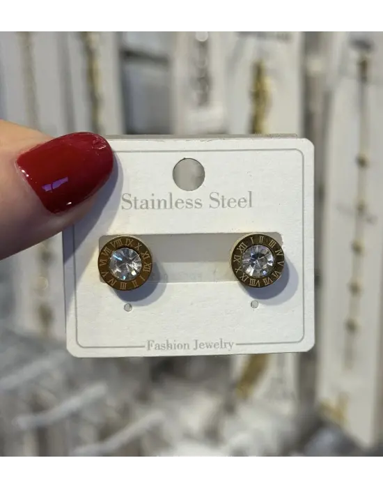 Roma Rakamlı Yuvarlak Zirkon Taşlı Çelik Kadın Küpe