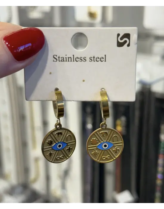 Sallantılı Daire Şeklinde Madalyon Üzerinde Mavi Göz İşleme Küpe