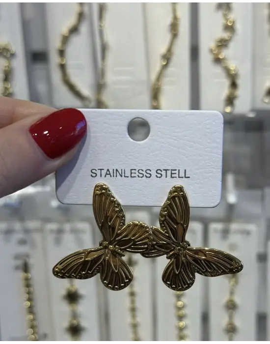 Altın Renk Desenli Taşsız Kelebek Motif Kadın Küpe