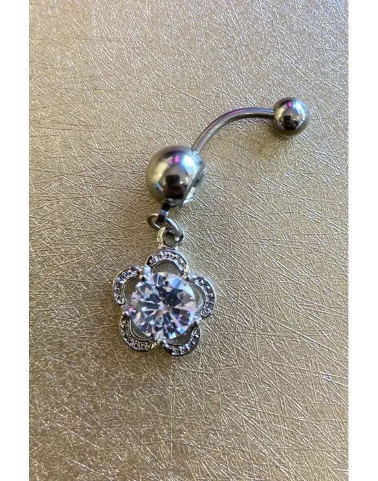 Gümüş Kaplama Taşlı Orta Boy Cerrahi Çelik Göbek Piercing