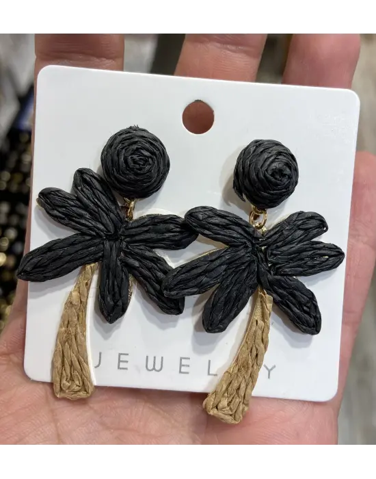 İpli El Yapımı Hasır Palmiye Ağacı Küpe Siyah Renk