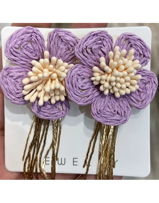 İpli El Yapımı Hasır Lila - Mor Renkli Çiçek Küpe Altın Sarkıntılı