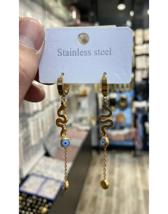 Sallantılı Nazar Boncuğu Detaylı Yılan Küpe Altın Renk Çelik