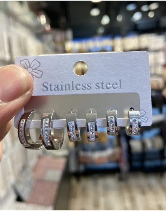 Boy Boy 6lı Taşlı Halka Model Çoklu Küpe Seti Gümüş Renk