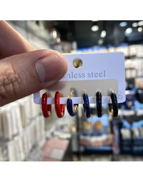 Küçük Boy Kırmızı-Siyah-Mavi Renkli Çoklu Halka Küpe Seti