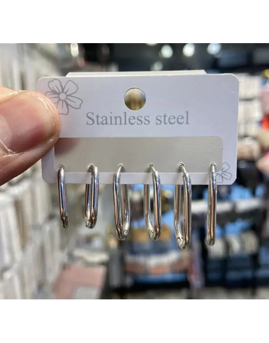 Oval Dikdörtgen Model 6’lı Halka Küpe Seti Gümüş Renk