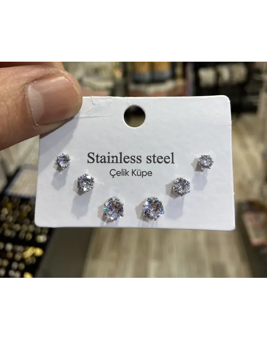 Gümüş Renk Çoklu Boy Boy Tektaş Pırlanta Çelik Küpe Seti