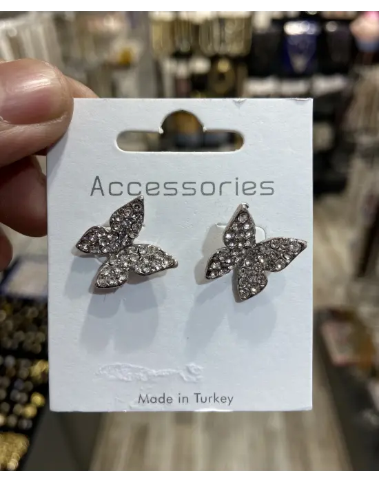 Beyaz Suyolu Taşlı Küçük Boy Çelik Kelebek Küpe