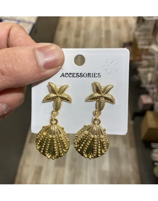 Sallantılı Deniz Yıldızı, Midye & İstiridye Kabuğu Detaylı Altın Kaplama Yazlık Küpe
