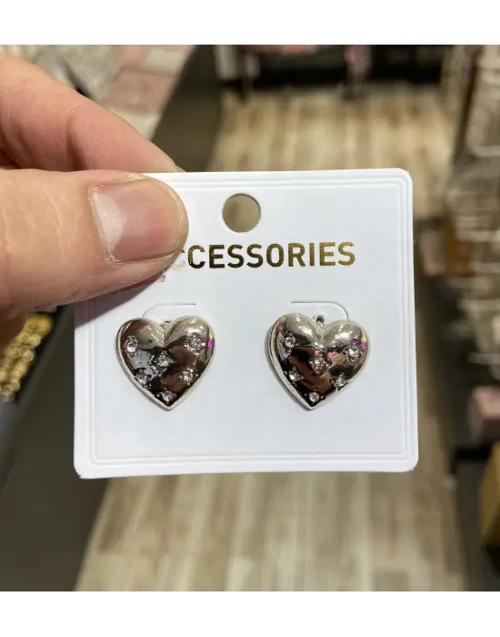 Küçük Taşlı Günlük Model Gümüş Renk Kalp Küpe