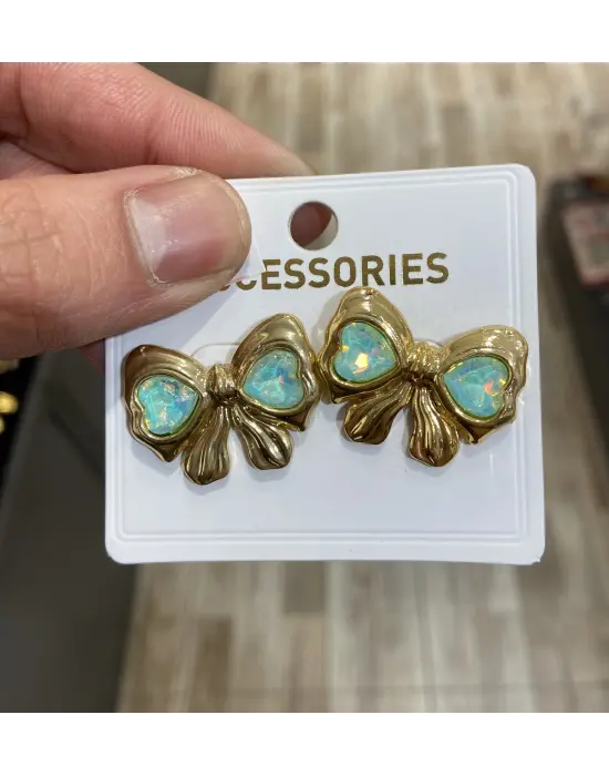 Renkli Taşlı Sarı Renk Bombeli Kurdele & Fiyonk Küpe