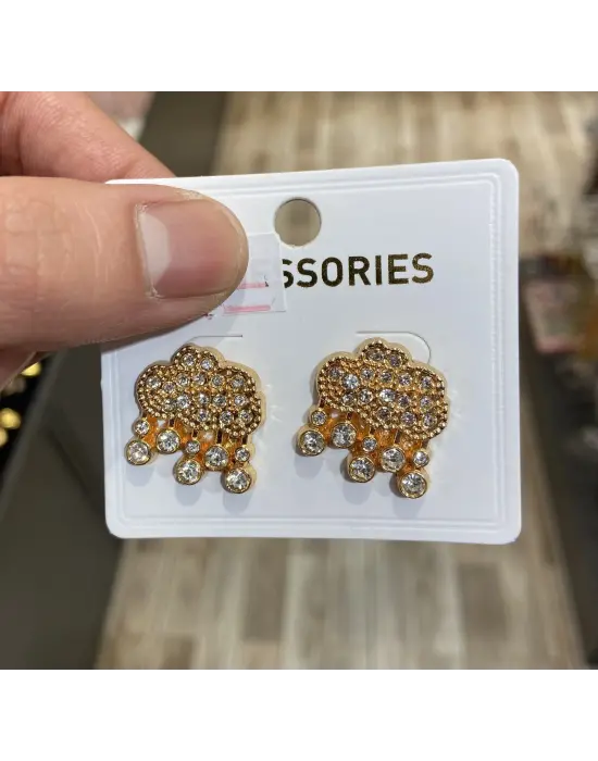 Pırlanta Taşlı Yağmur Bulutu Şeklinde Gold Renk Küpe