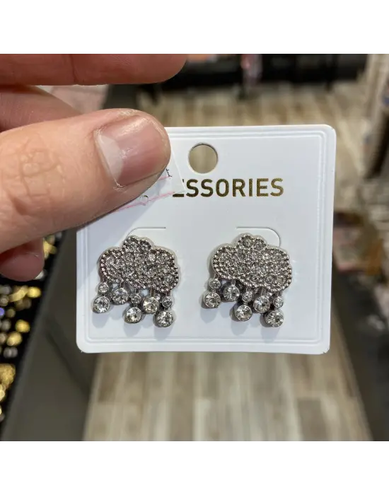 Pırlanta Taşlı Yağmur Bulutu Şeklinde Gümüş Renk Küpe