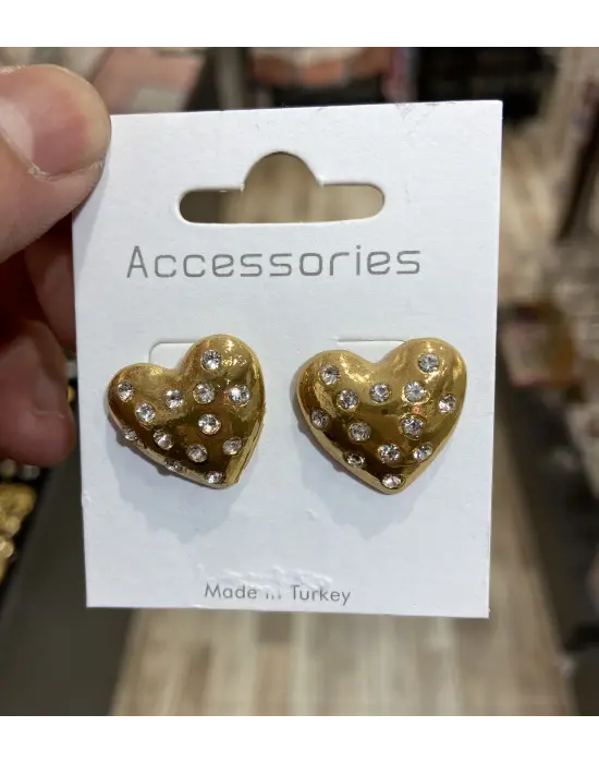 Sarı Renk Büyük Taşlı Kalpli Kadın Küpesi Çelik