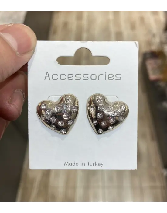 Gümüş Renk Büyük Taşlı Kalpli Kadın Küpesi Çelik