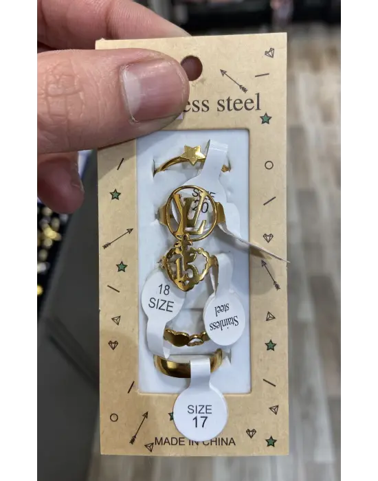 Altın Renginde Çelik Çoklu Eklem Yüzük Seti (Kalp, Yıldız)