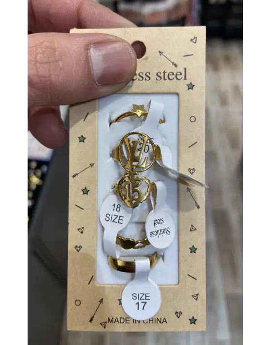 Altın Renginde Çelik Çoklu Eklem Yüzük Seti (Kalp, Yıldız)