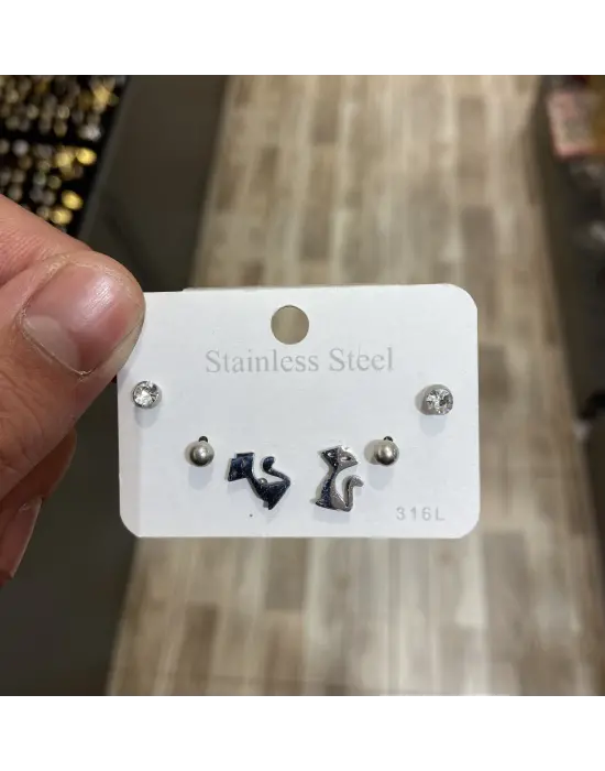 3 Çift Küçük Çelik Çoklu Küpe Seti - Kedi, Tektaş, Topçuk