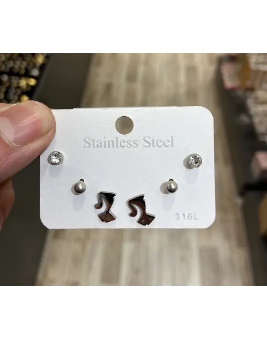 3 Çift Küçük Çelik Çoklu Küpe Seti - Kedi, Tektaş, Topçuk