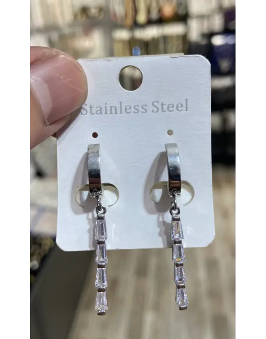 Şerit Zirkon Taşlı Gümüş Renk İnce Düğünlük Abiye Küpe